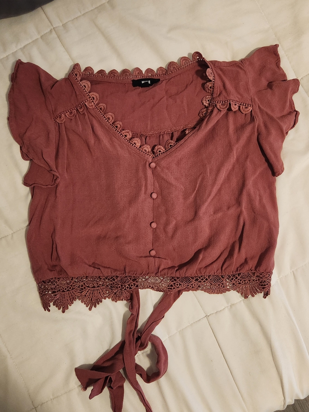 mine Dusty Rose Lace-Trim Tie-Front Crop Top